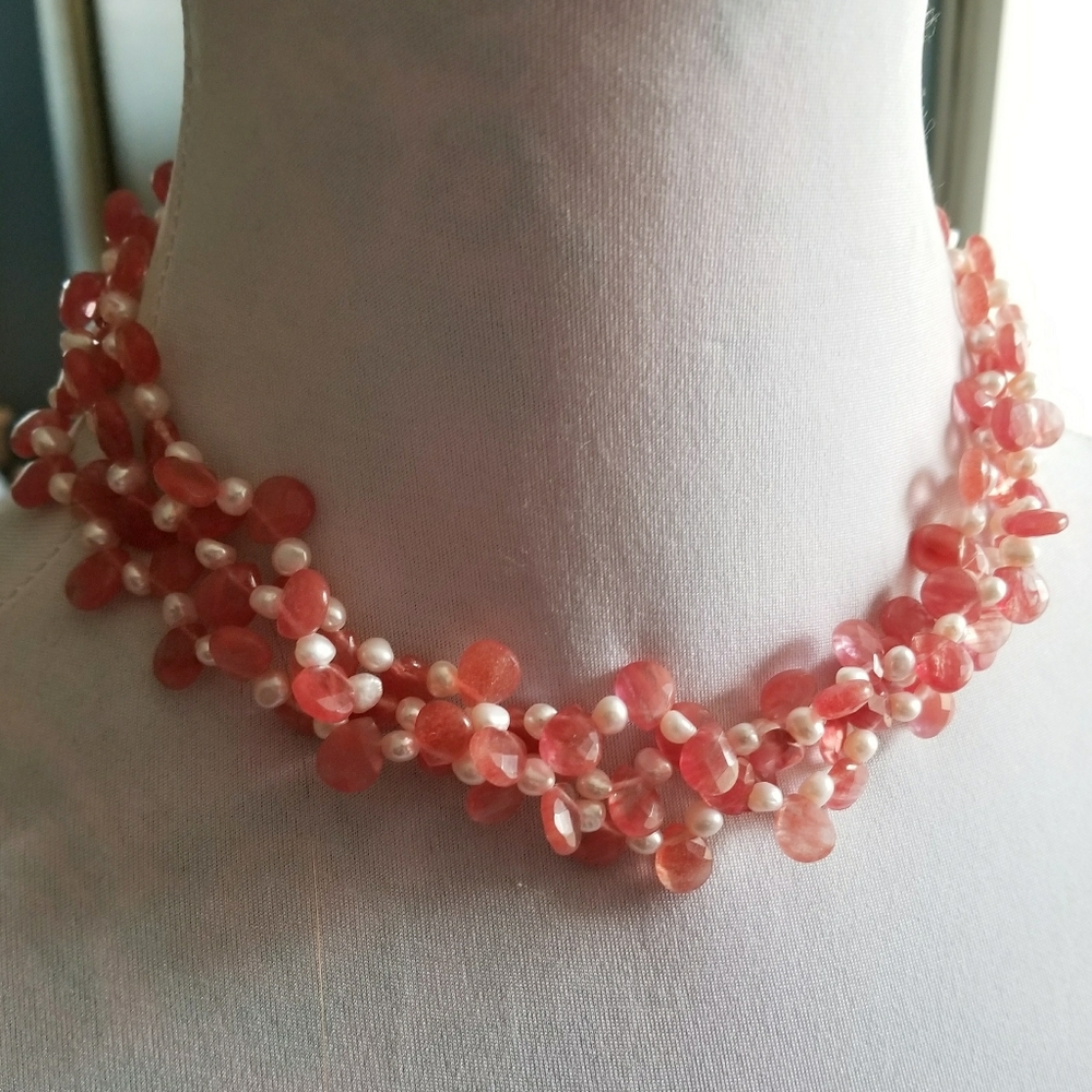 Necklace Real pearls and pink briolette 925 choker